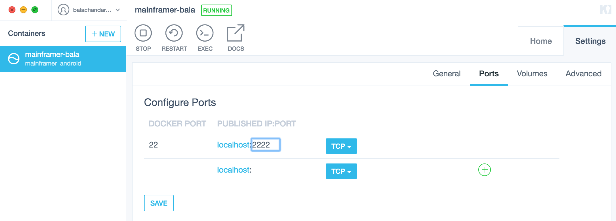 Configure the port of docker container communication